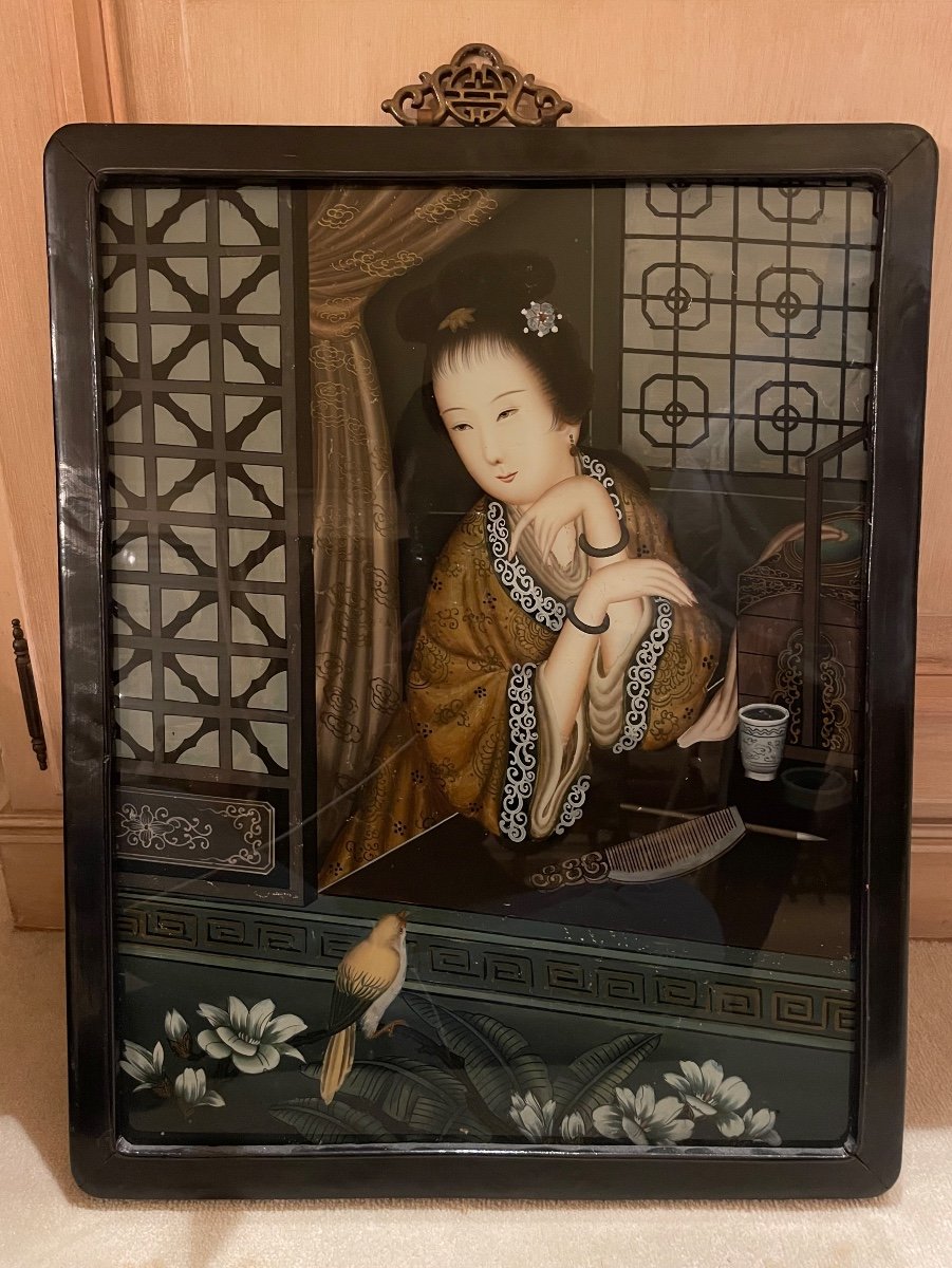 Magnifique Peinture Chinoise  Fixé Sous Verre 