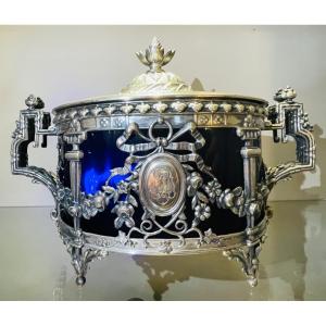 Sugar Bowl In Solid Silver And Blue Glassware Signed Master Goldsmith Jm