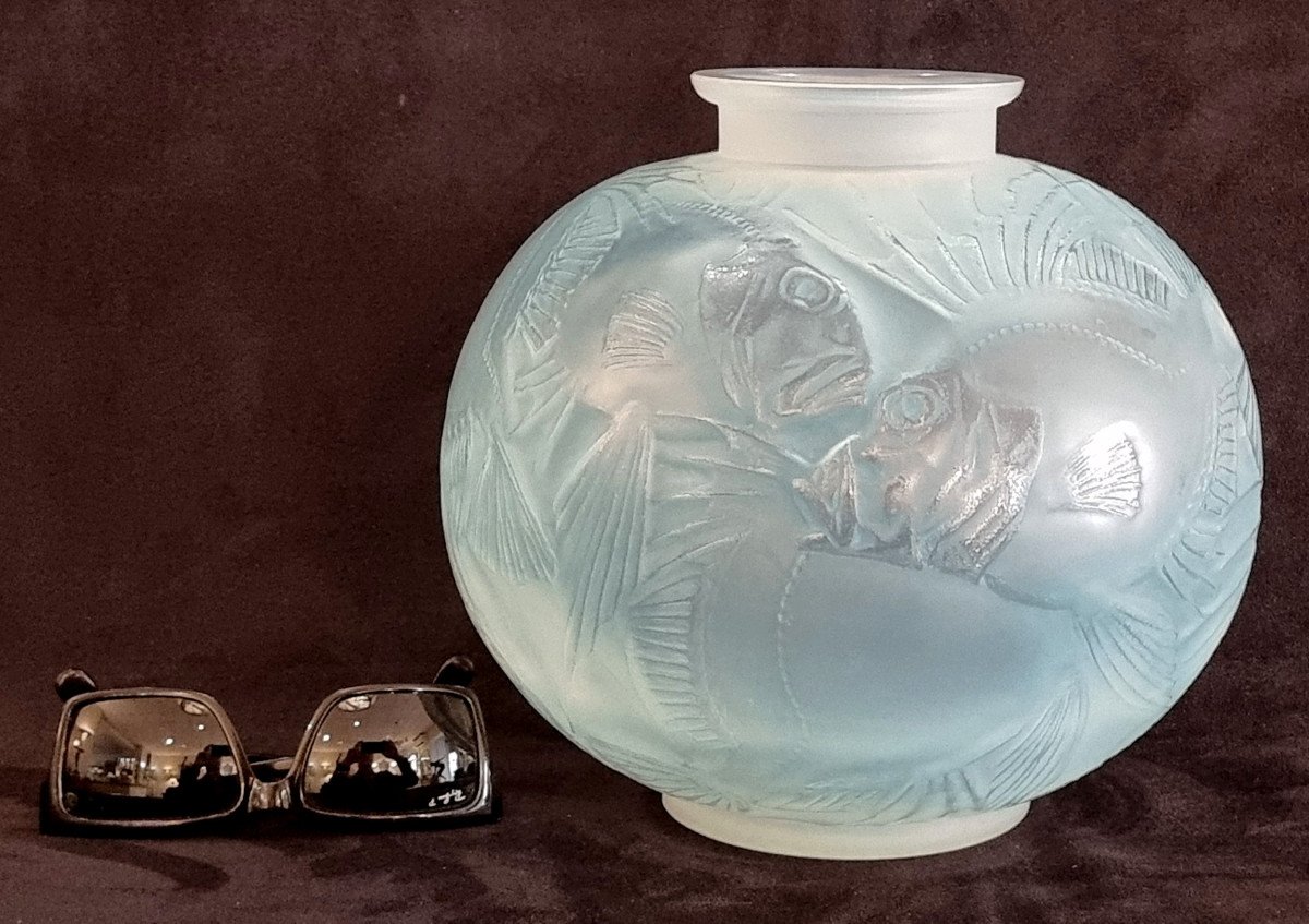 René Lalique Vase Poissons Opalescent à Patine Bleue Art Déco 1921 -photo-6