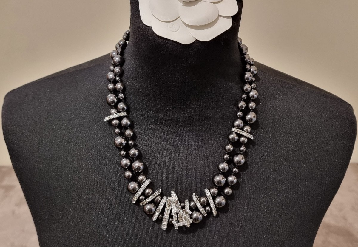 Chanel 2 Row Pearl & Crystal Necklace