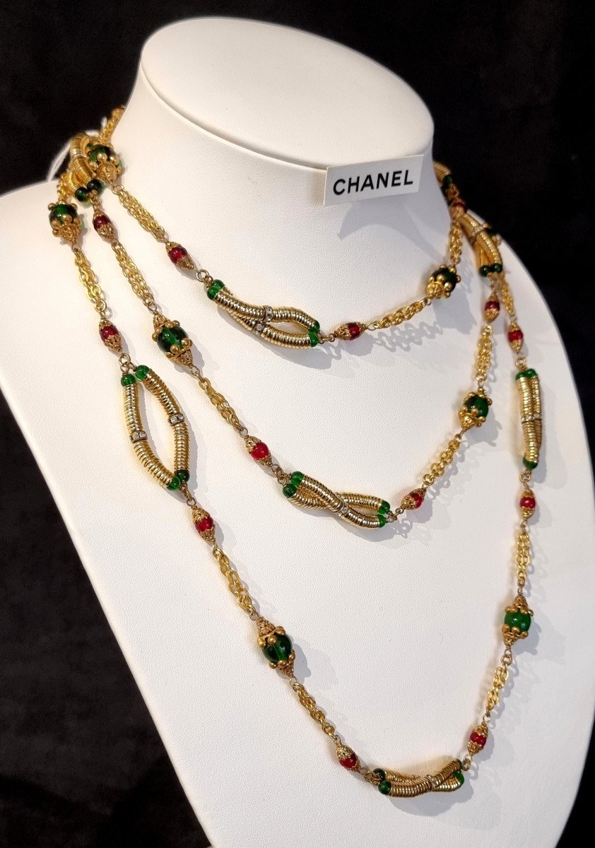 Chanel By Gripoix Long Necklace Golden Crystal Color Circa 1965-photo-4