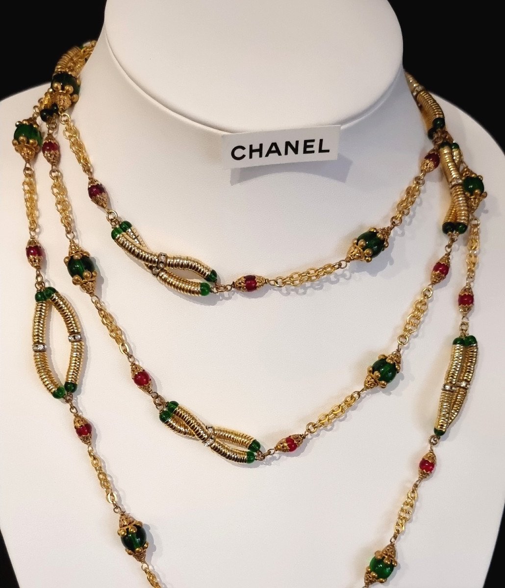 Chanel By Gripoix Long Necklace Golden Crystal Color Circa 1965-photo-3