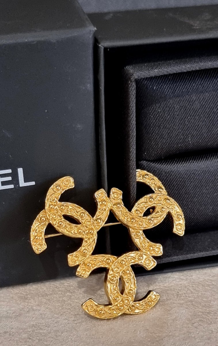 Chanel Double Cc Gold Brooch -photo-3