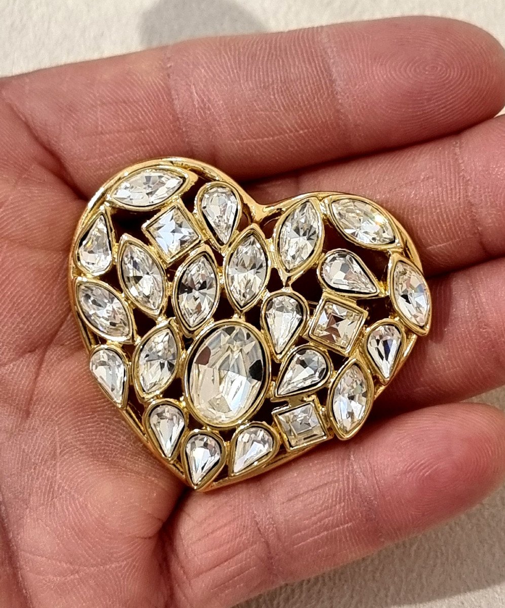 Ysl Yves Saint Laurent Aphrodite Model Heart Brooch Gold & Crystal-photo-3