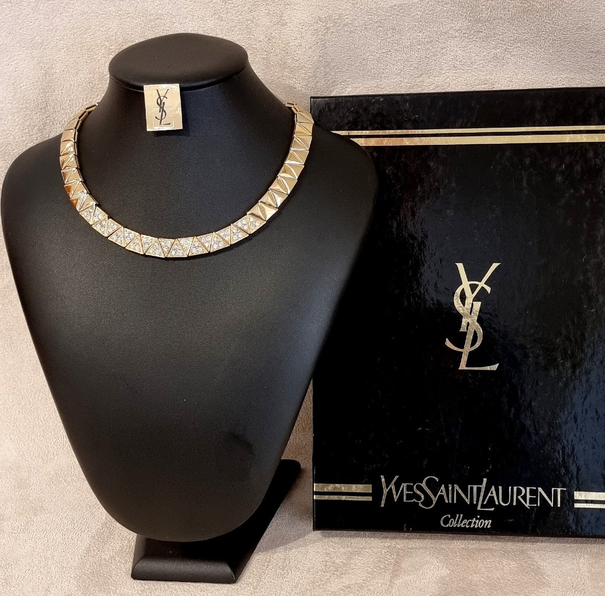 Ysl Yves Saint Laurent Gold Metal & Crystal Chocker Necklace-photo-3