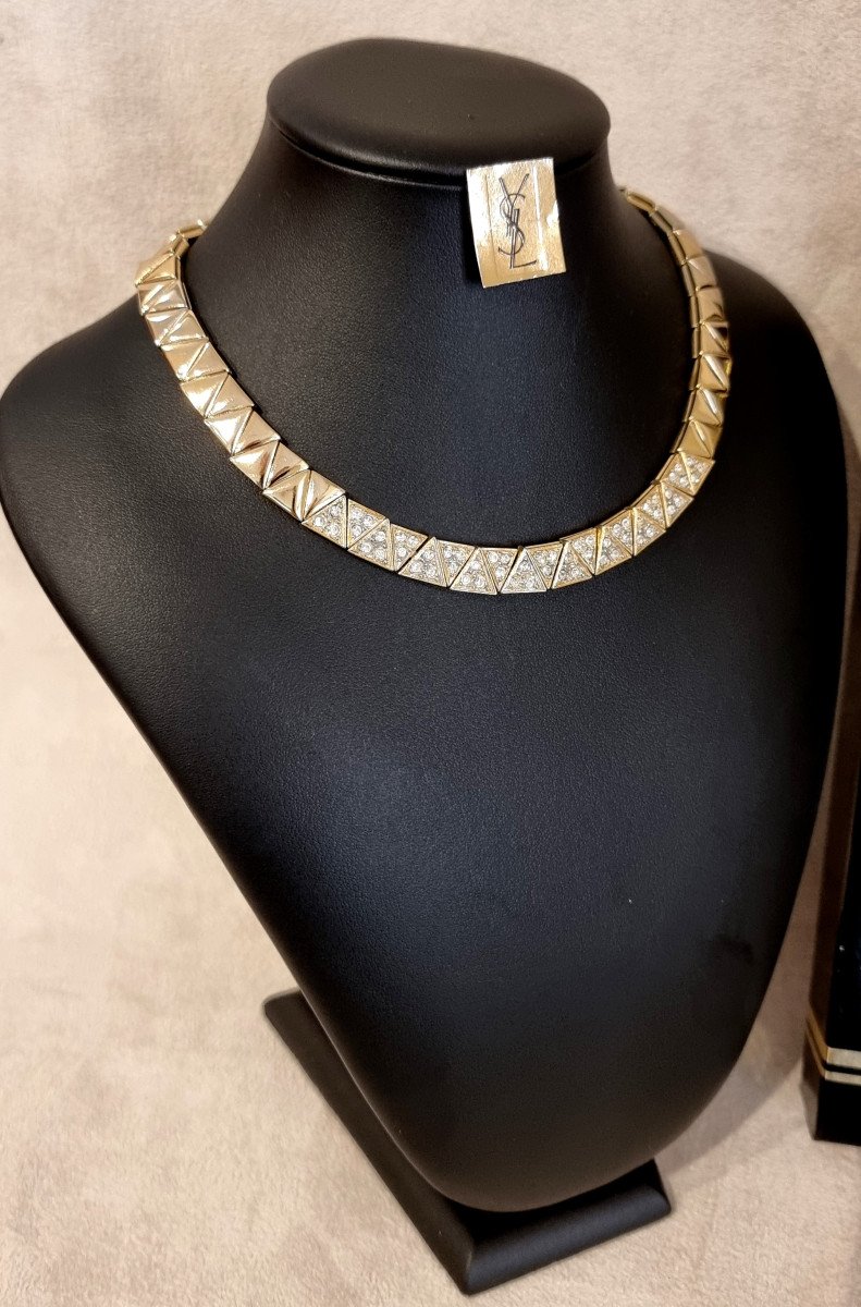 Ysl Yves Saint Laurent Gold Metal & Crystal Chocker Necklace-photo-2