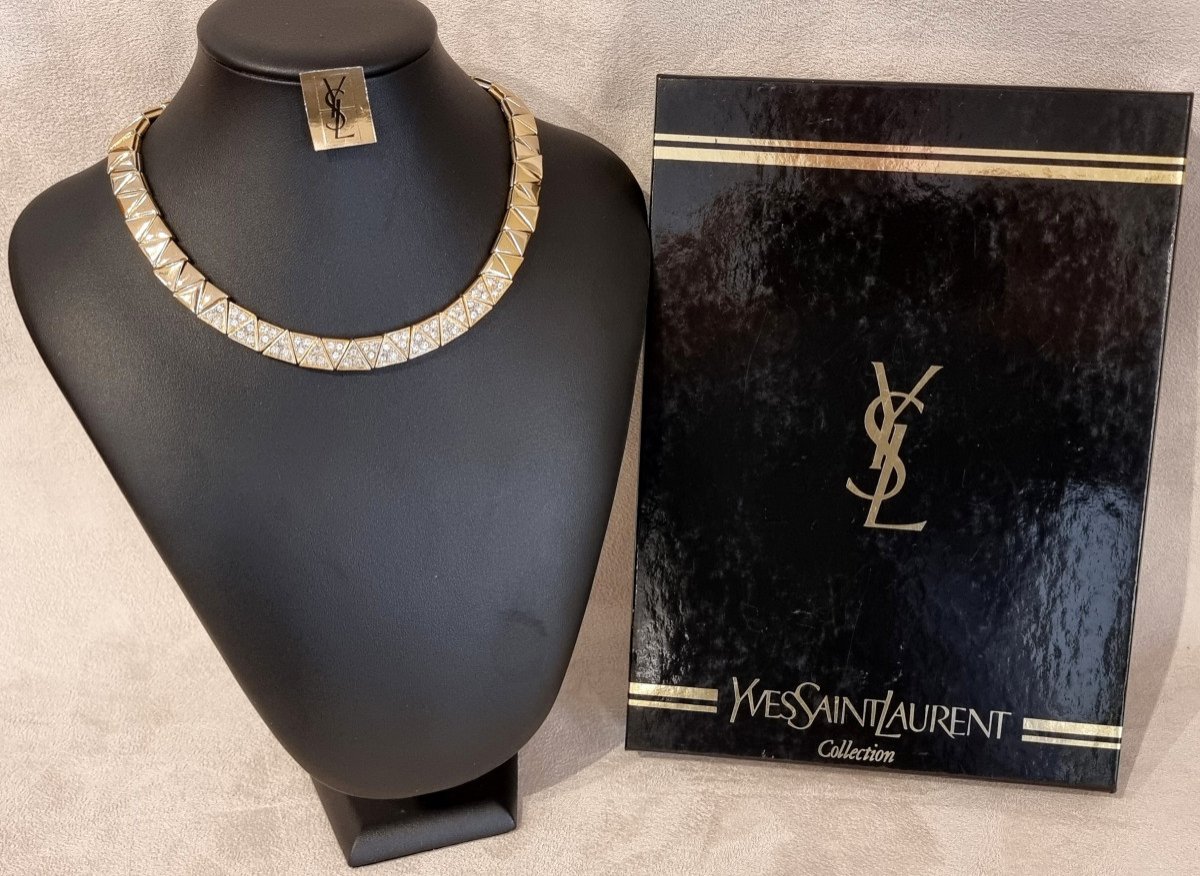 Ysl Yves Saint Laurent Gold Metal & Crystal Chocker Necklace