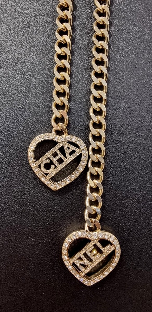 Chanel 2 Heart Crystal & Gold Metal Necklace-photo-2