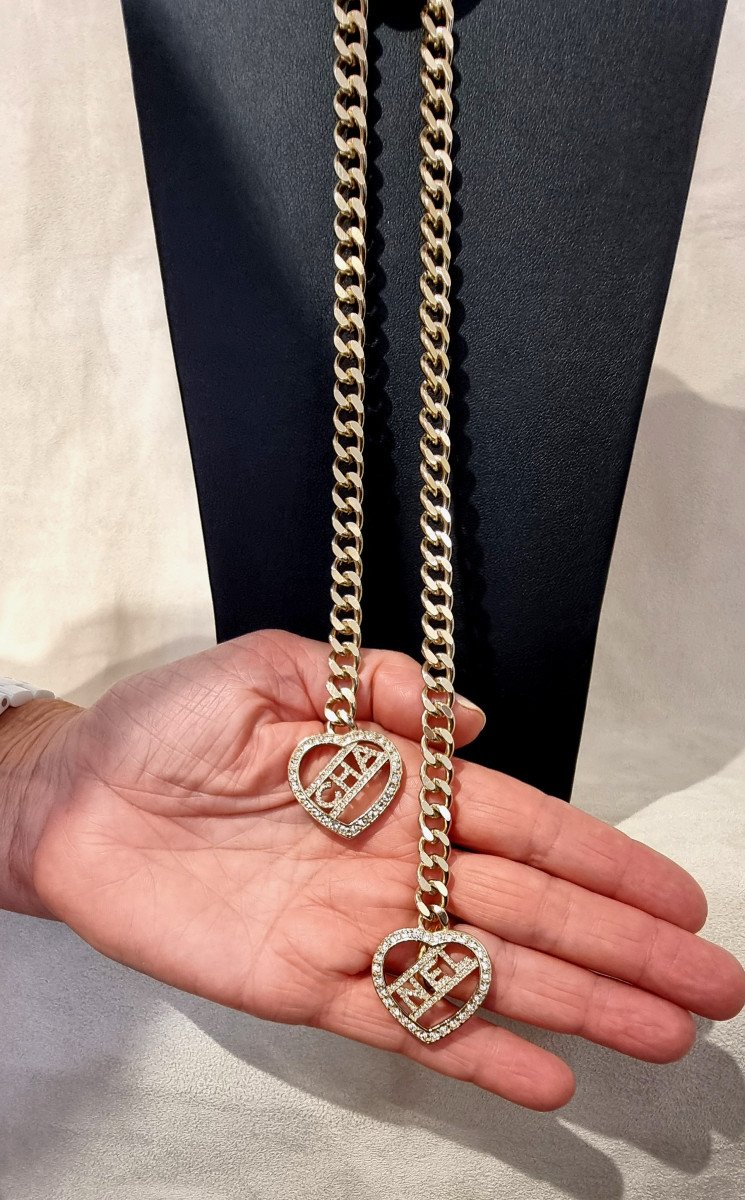 Chanel 2 Heart Crystal & Gold Metal Necklace-photo-1