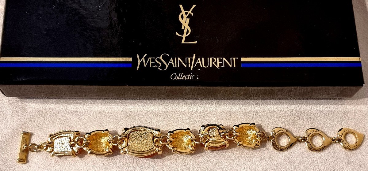 YSL Yves Saint Laurent Bracelet Métal Doré Et Cristal Ambré -photo-2