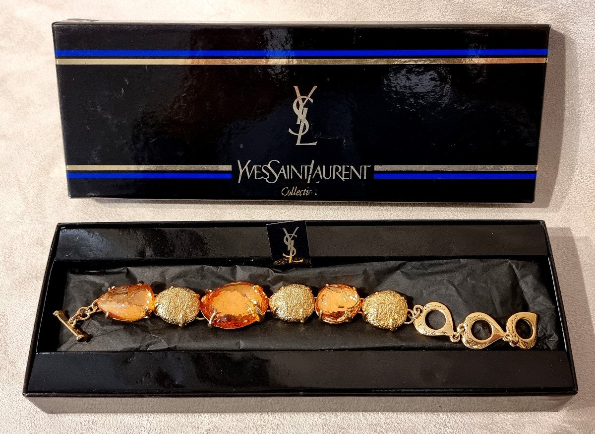 YSL Yves Saint Laurent Bracelet Métal Doré Et Cristal Ambré 