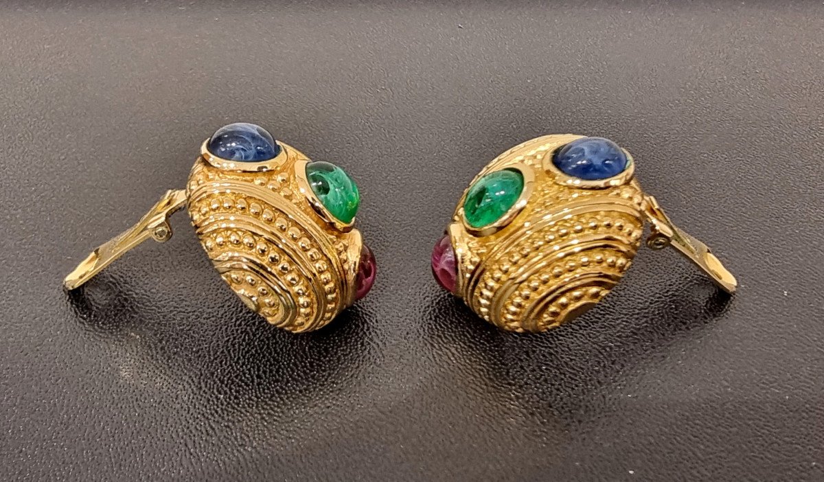 Christian Dior & Robert Goossens Pair Of Clips In Gold Metal & Colored Stones-photo-1