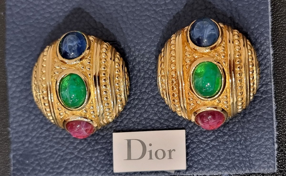 Christian Dior & Robert Goossens Pair Of Clips In Gold Metal & Colored Stones