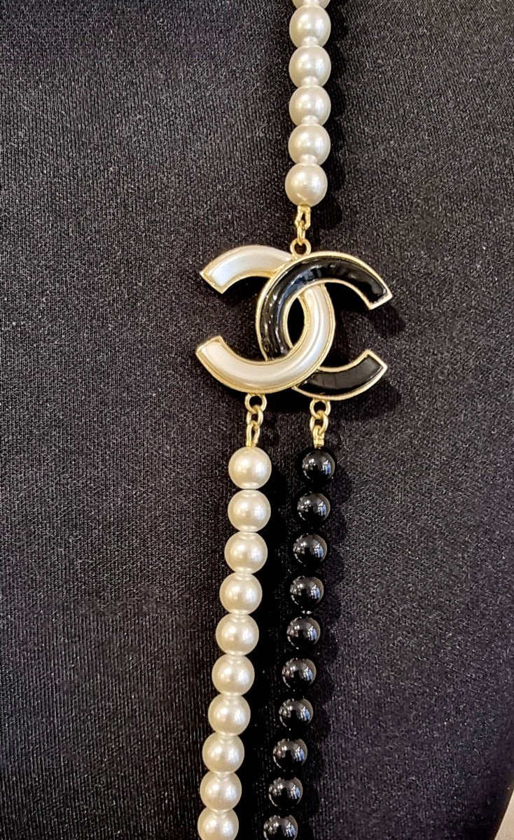 Chanel Sautoir 2 Rangs Perles De Verre Nacrées & Noires -photo-2