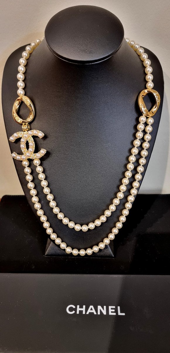 Chanel 2 Row Pearl And Crystal Necklace 