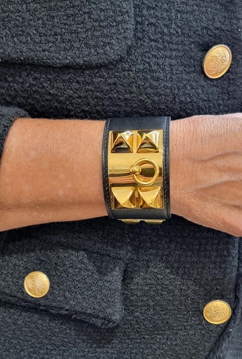 Hermès Gold Plated And Black Leather Dog Collar Cuff Bracelet-photo-2