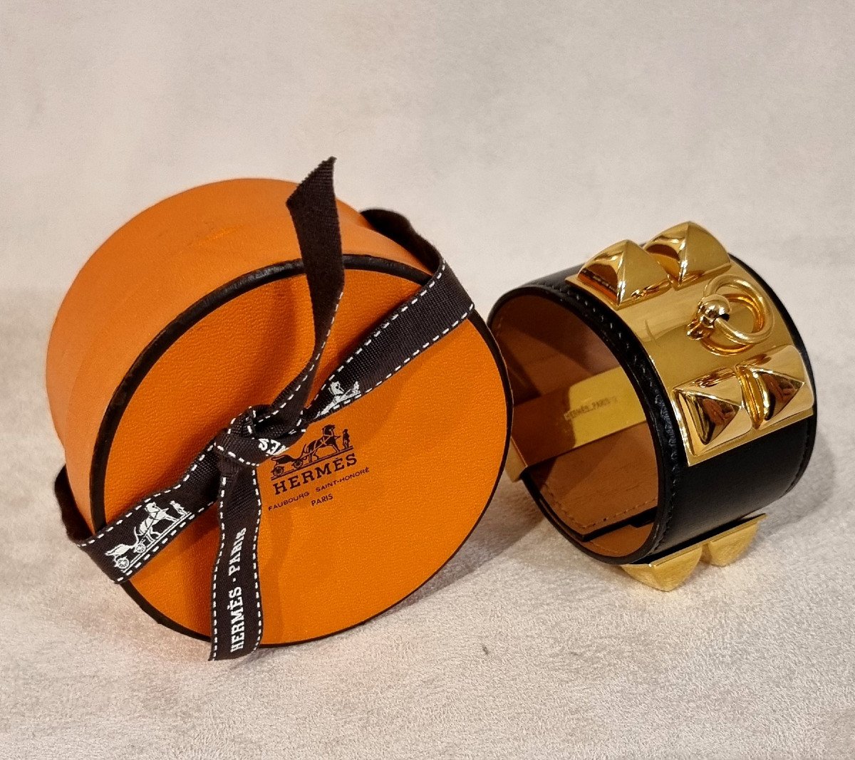 Hermès Gold Plated And Black Leather Dog Collar Cuff Bracelet