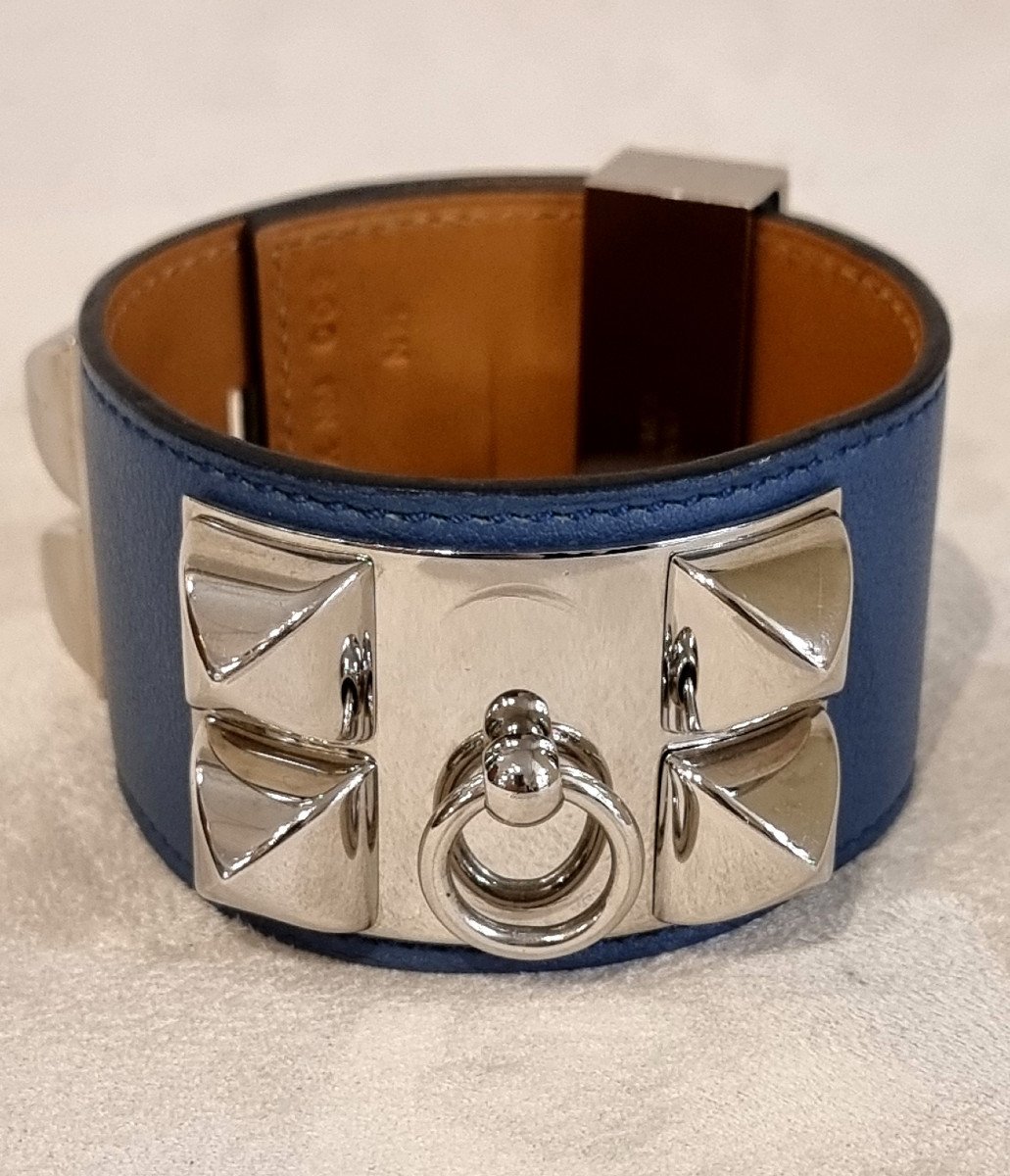 Hermès Dog Collar Bracelet Palladium Silver Blue Leather-photo-4