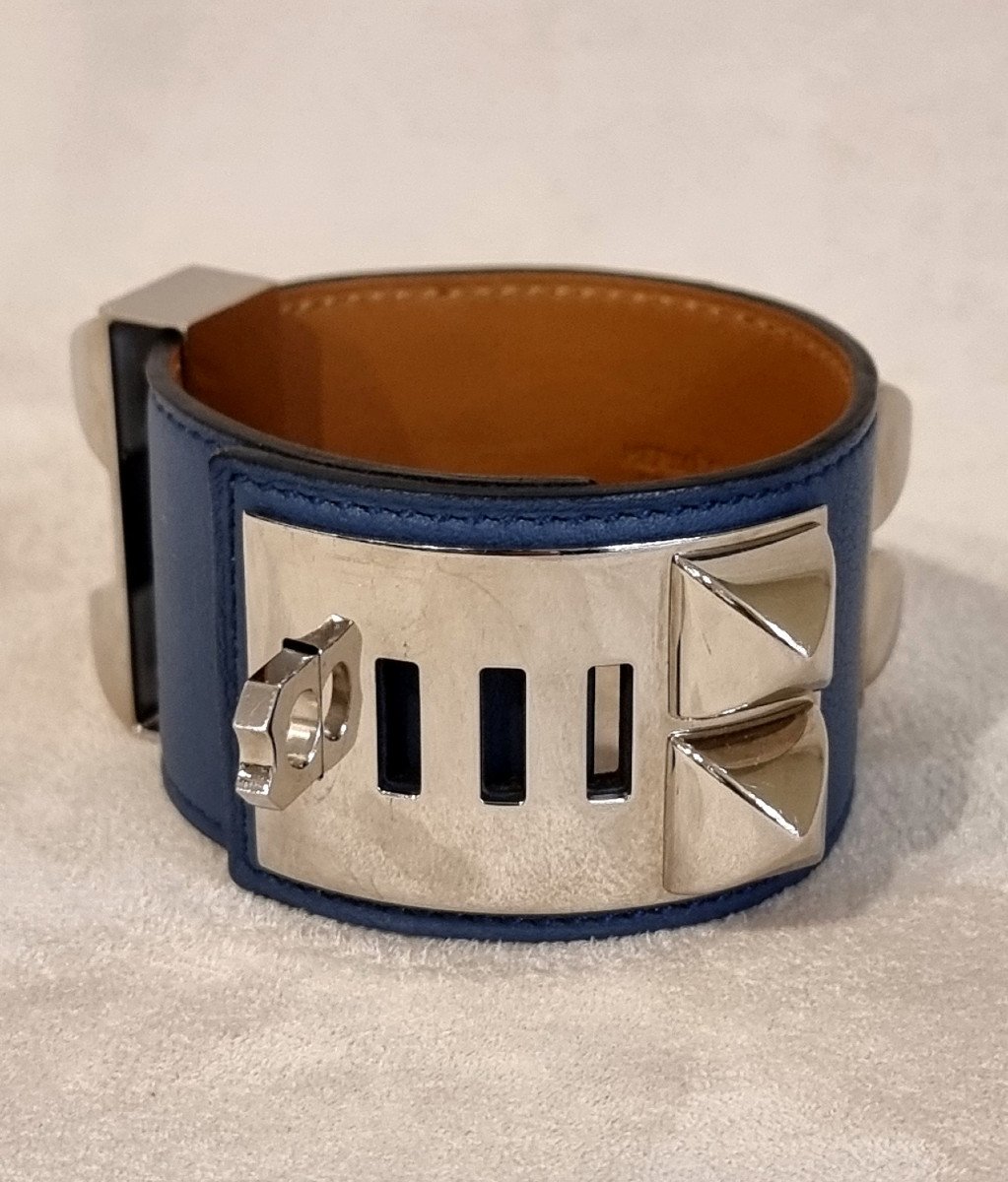 Hermès Dog Collar Bracelet Palladium Silver Blue Leather-photo-2