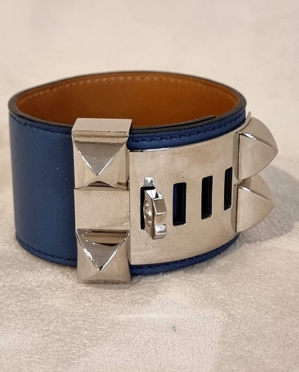 Hermès Dog Collar Bracelet Palladium Silver Blue Leather-photo-3