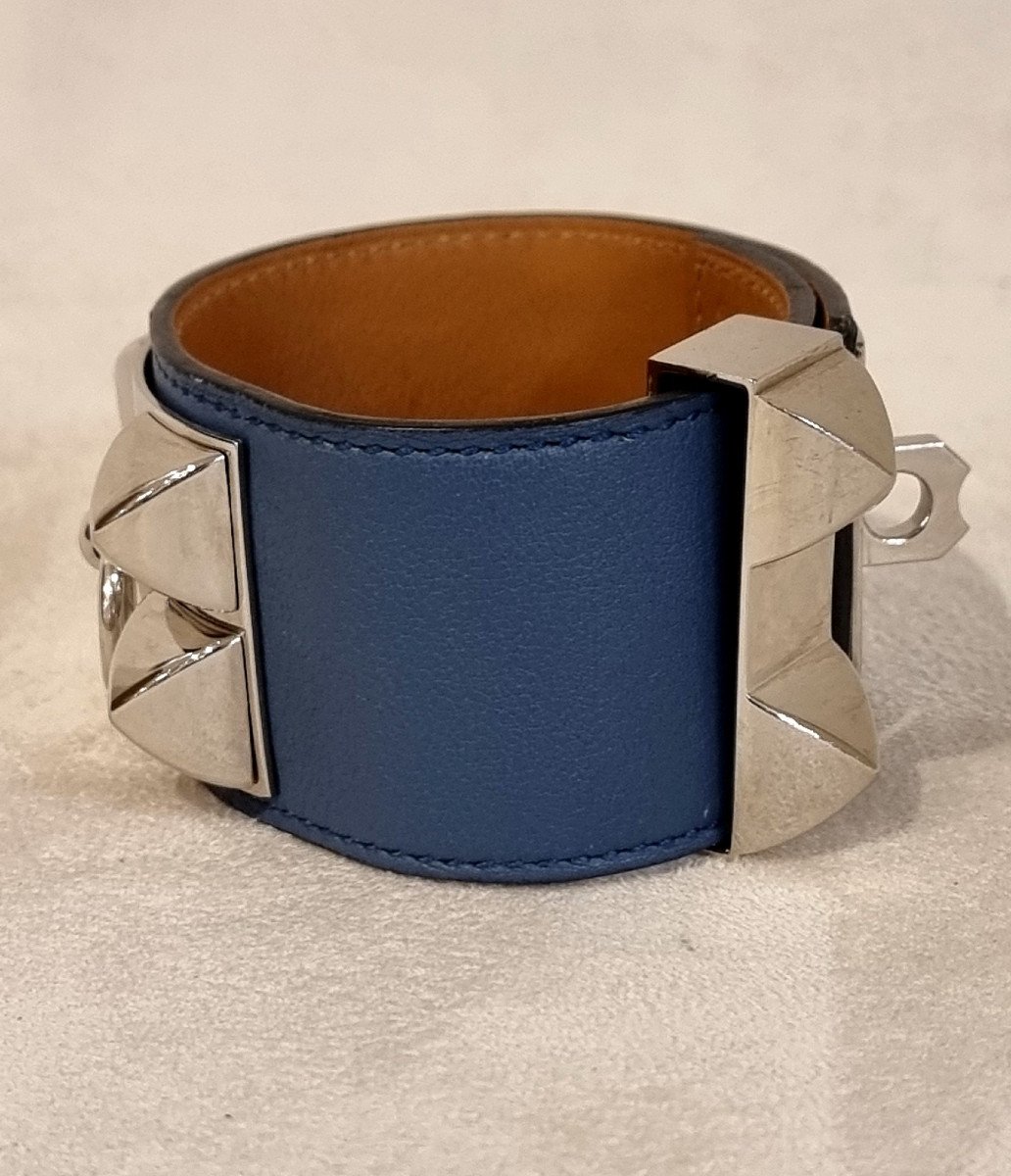 Hermès Dog Collar Bracelet Palladium Silver Blue Leather-photo-4