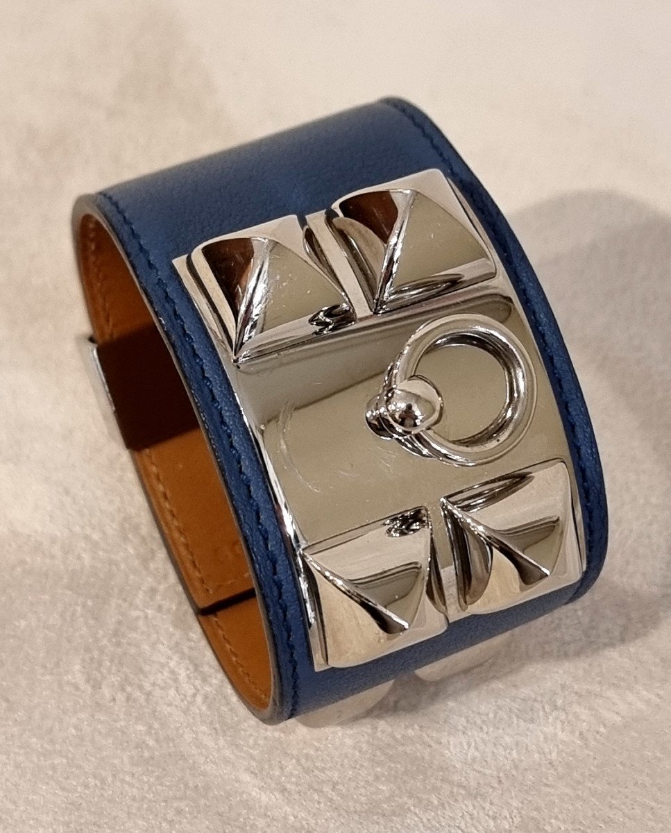 Hermès Dog Collar Bracelet Palladium Silver Blue Leather-photo-5