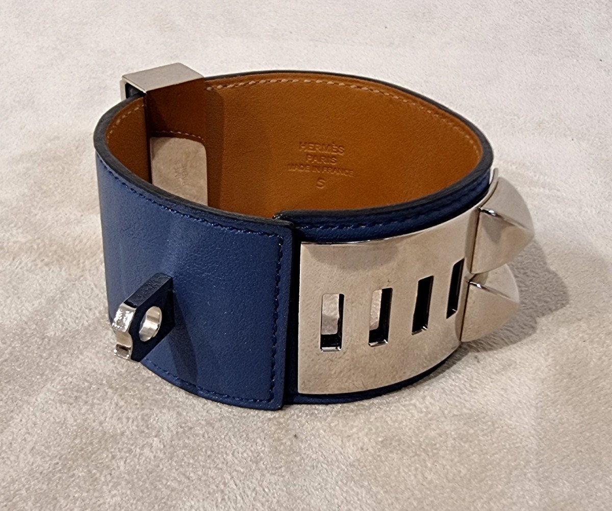 Hermès Dog Collar Bracelet Palladium Silver Blue Leather-photo-7