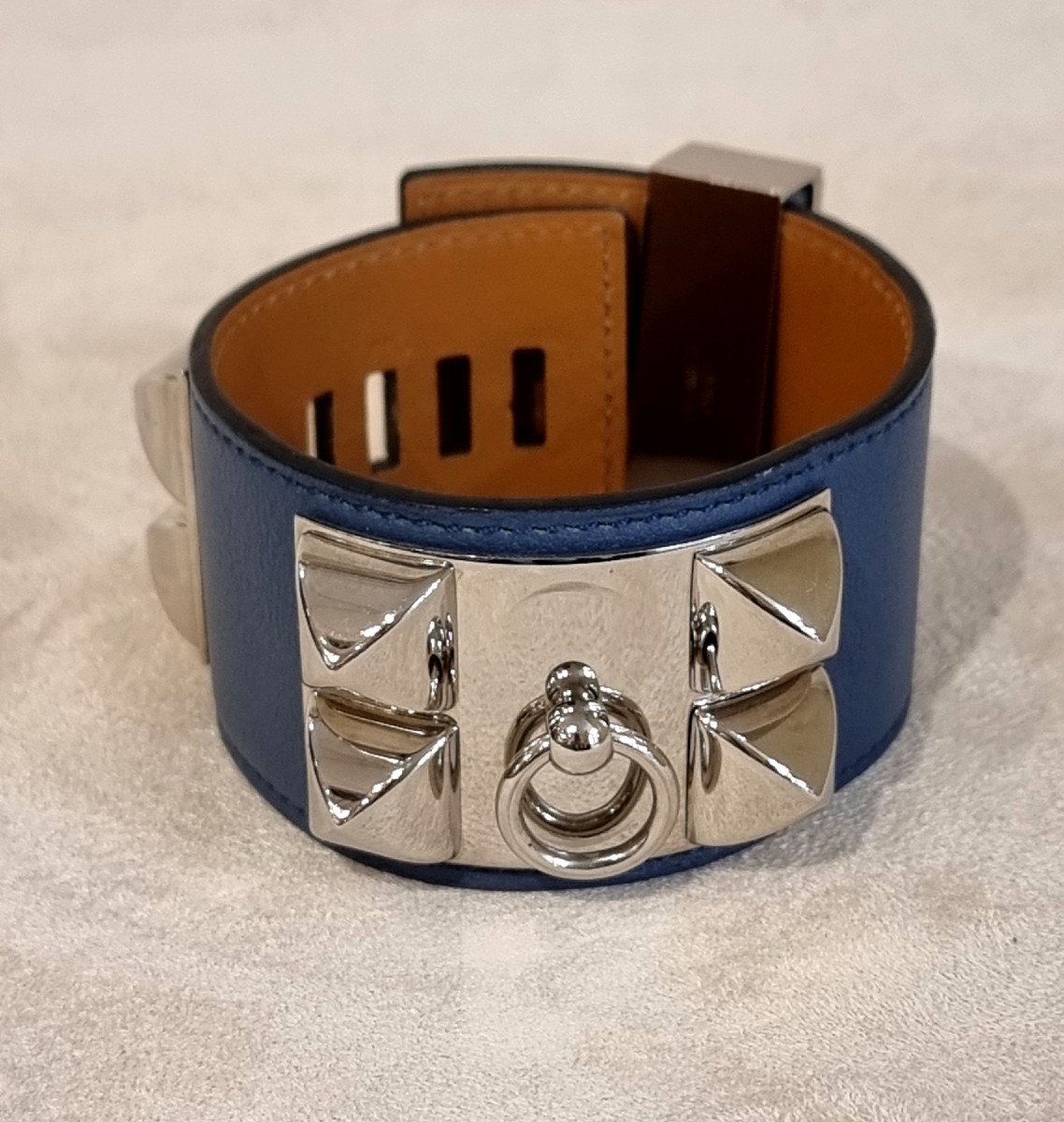 Hermès Dog Collar Bracelet Palladium Silver Blue Leather-photo-8