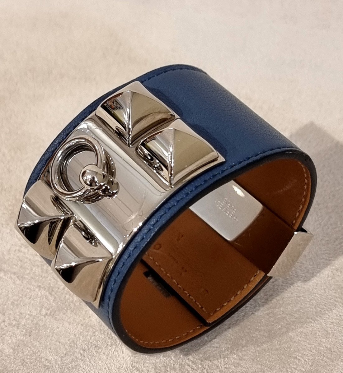 Hermès Dog Collar Bracelet Palladium Silver Blue Leather