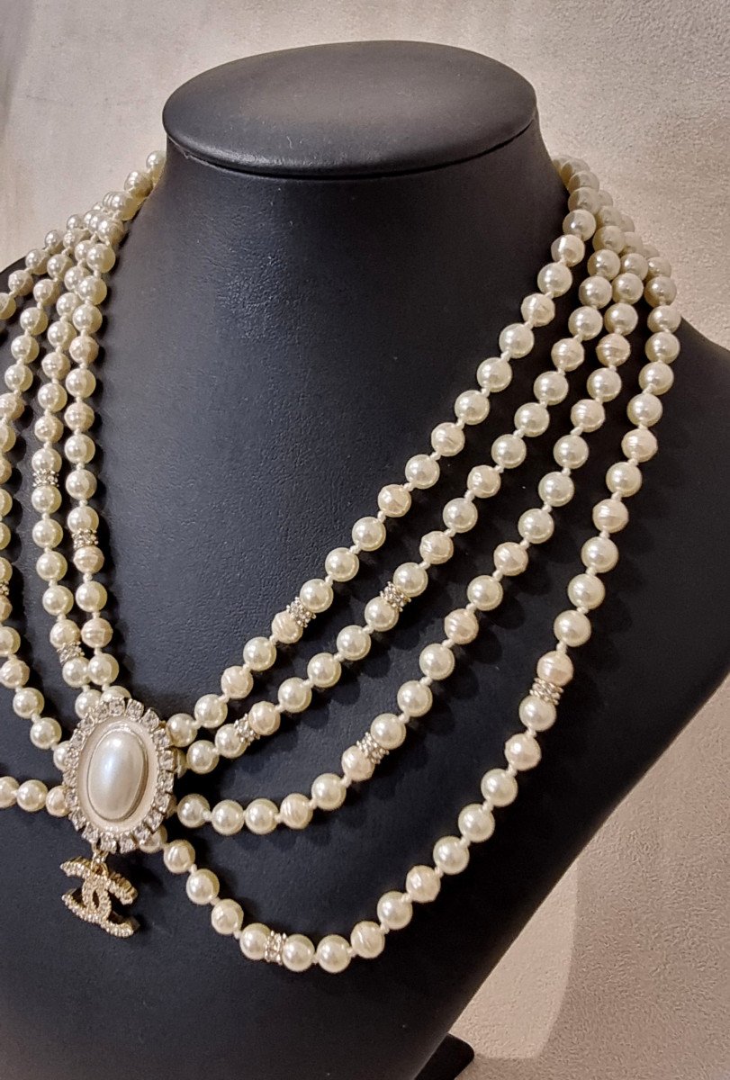 Chanel 4 Row Pearl & Crystal Necklace -photo-3