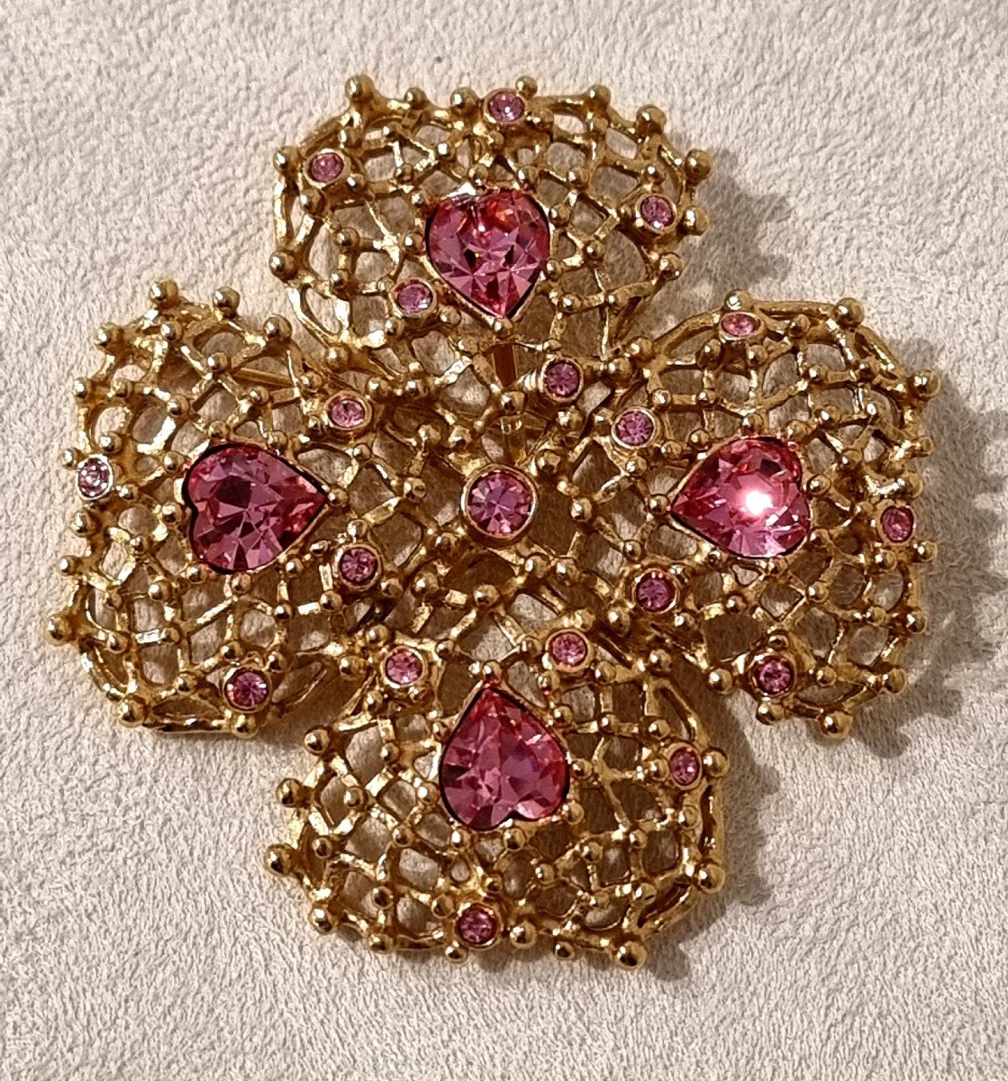 Ysl Yves Saint Laurent Important Gold Metal And Pink Crystal Pendant Brooch-photo-3