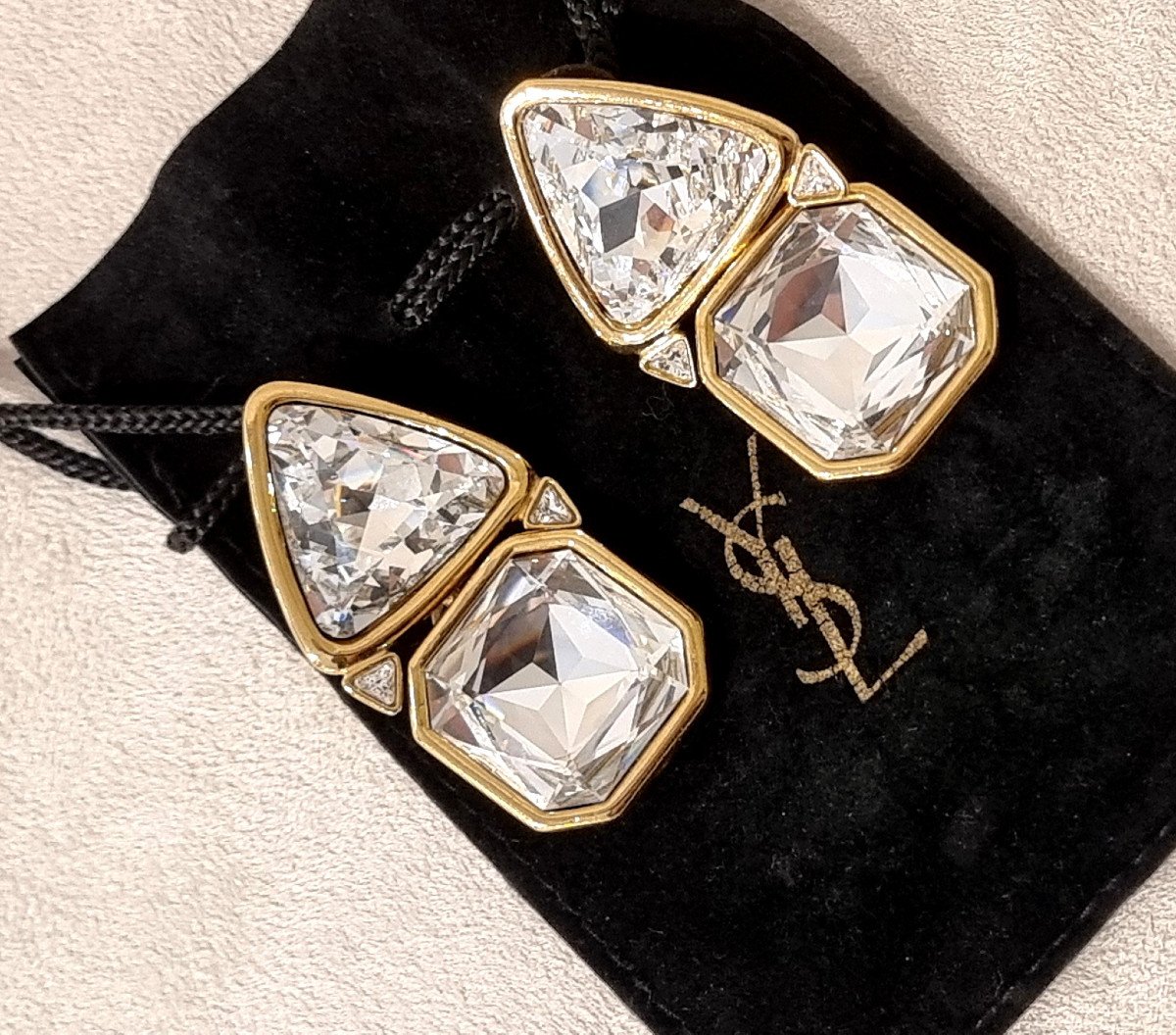 Ysl Yves Saint Laurent Rive Gauche Pair Of Gold Metal & Crystal Clips-photo-2