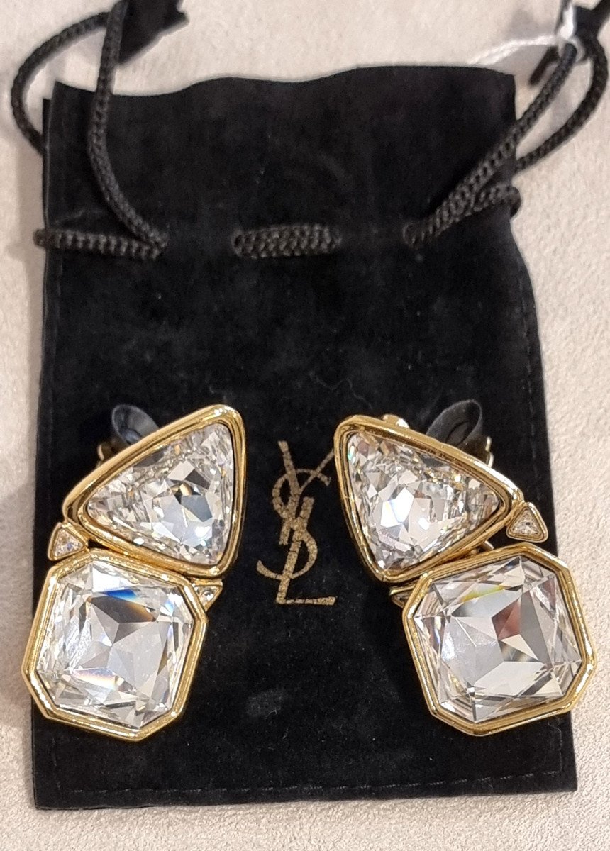 Ysl Yves Saint Laurent Rive Gauche Pair Of Gold Metal & Crystal Clips-photo-2