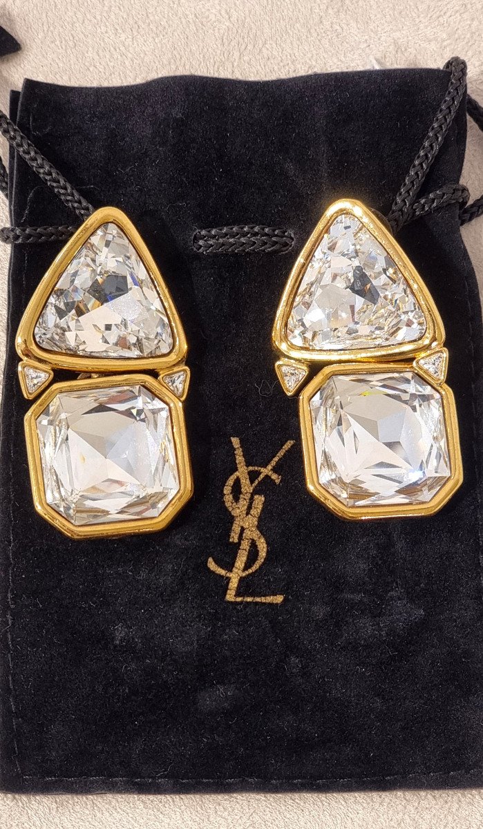 Ysl Yves Saint Laurent Rive Gauche Pair Of Gold Metal & Crystal Clips