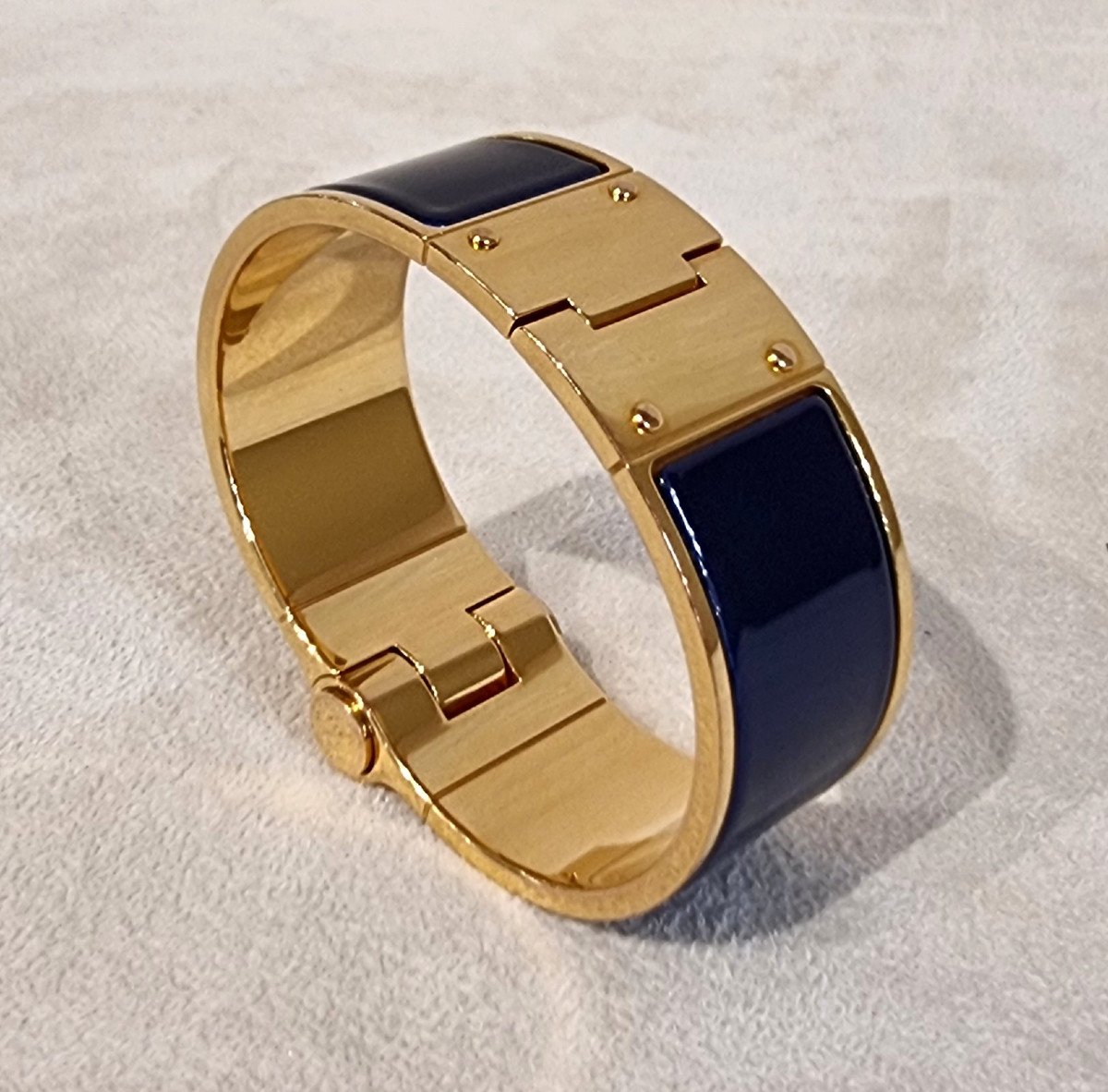 Hermès Bracelet Charnière Plaqué Or & émail Bleu Marine-photo-2