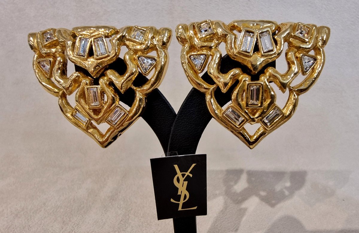 YSL Yves Saint Laurent Paire De Clips Métal Doré & Cristal-photo-3