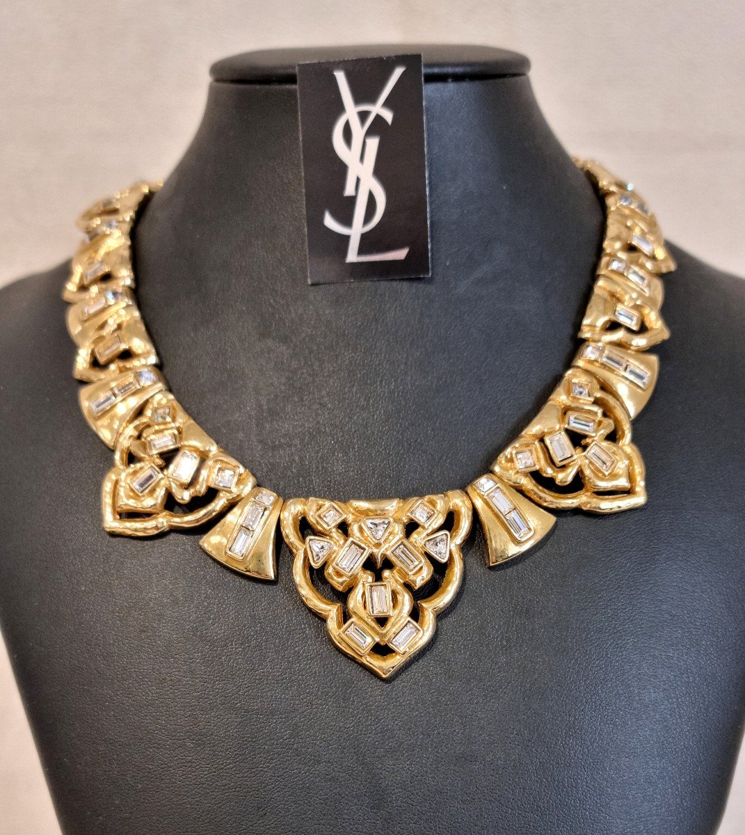 Ysl Yves Saint Laurent Gold Metal And Crystal Necklace