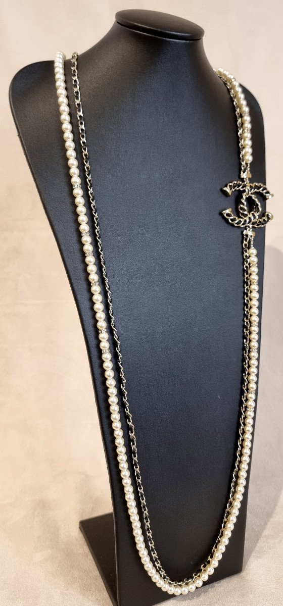 Chanel 2 Row Double Cc Pearl Glass Leather & Crystal Necklace -photo-3