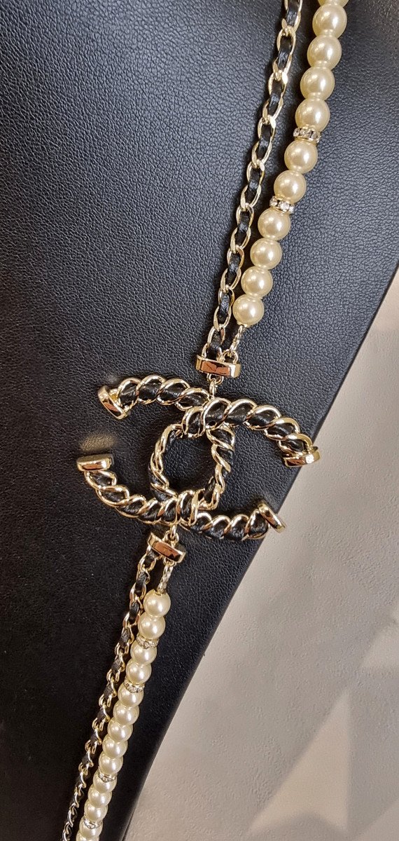 Chanel 2 Row Double Cc Pearl Glass Leather & Crystal Necklace -photo-1