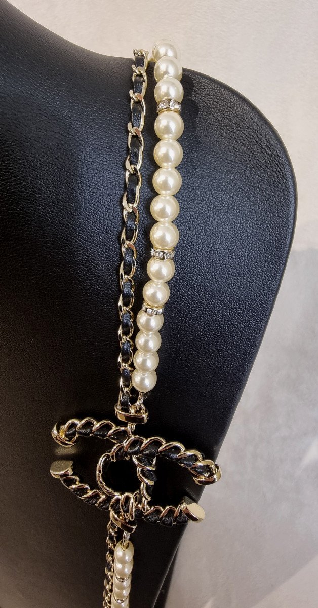 Chanel 2 Row Double Cc Pearl Glass Leather & Crystal Necklace -photo-2