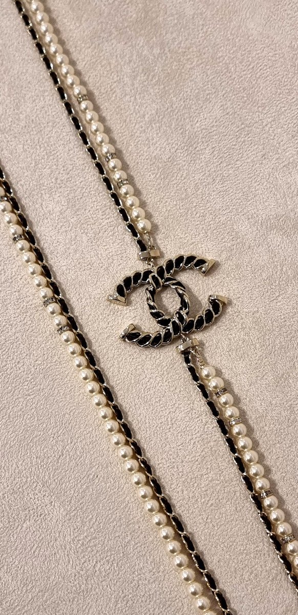 Chanel 2 Row Double Cc Pearl Glass Leather & Crystal Necklace -photo-6