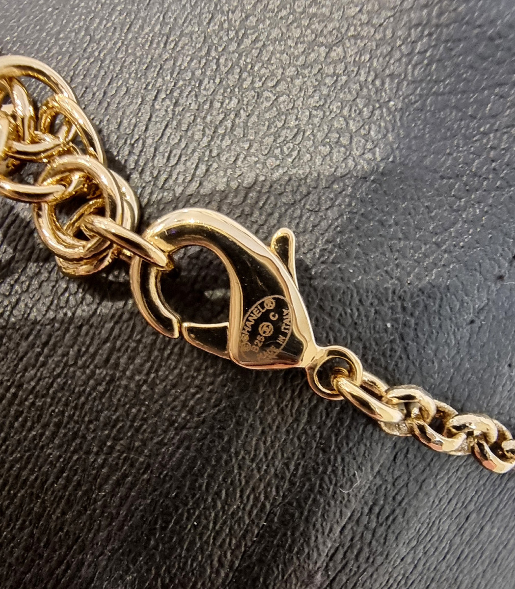 Chanel Collier Double Cc En Métal Doré Et Cristal -photo-3