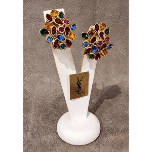  Ysl Yves Saint Laurent Pair Of Gold And Colored Crystal Earrings