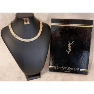 Ysl Yves Saint Laurent Gold Metal & Crystal Chocker Necklace