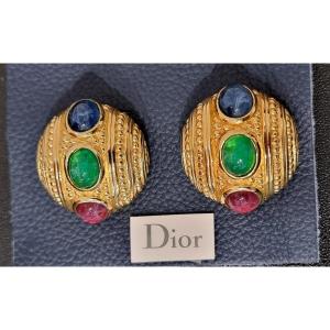 Christian Dior & Robert Goossens Pair Of Clips In Gold Metal & Colored Stones