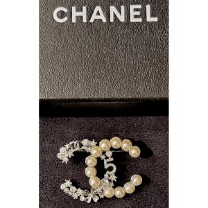 Chanel Double Cc Pearl & Crystal Brooch 