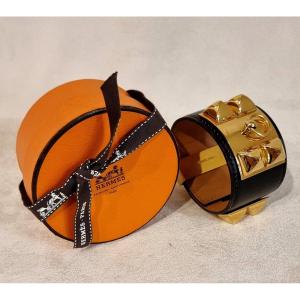 Hermès Gold Plated And Black Leather Dog Collar Cuff Bracelet