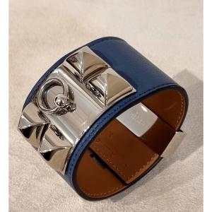 Hermès Dog Collar Bracelet Palladium Silver Blue Leather