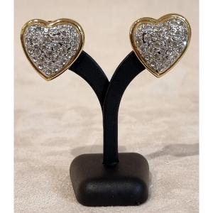 Ysl Yves Saint Laurent Pair Of Gold Metal & Crystal Heart Ear Clips