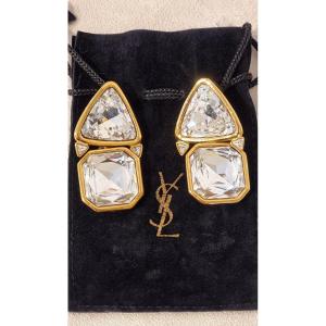 Ysl Yves Saint Laurent Rive Gauche Pair Of Gold Metal & Crystal Clips